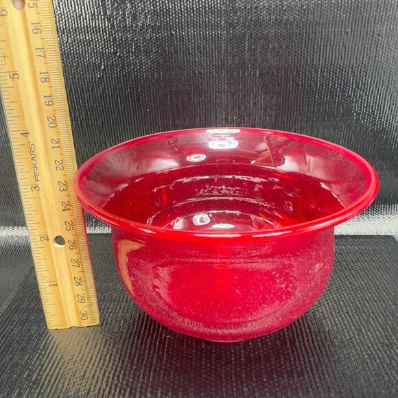 Vintage Art Glass Red Dish Bowl With White Textured Air Bubbles On Bottom Bowl - Picture 3 of 9